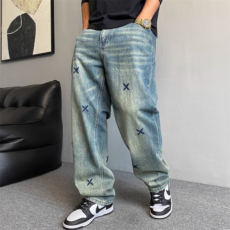 重工刺绣潮牌复古美式牛仔裤男秋季新款长裤宽松直筒裤N772-P42，男装牛仔裤，星座208-5