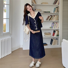 甜美蕾丝牛仔半身裙套装女夏2025新款宽松显瘦独特漂亮百搭两件套，女装套装/套裙，2C012