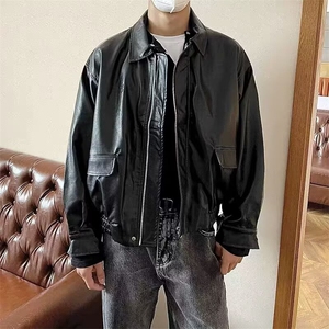 美式休闲纯色秋季高级感皮衣外套男宽松pu皮复古潮流翻领机车夹克图片