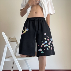 童趣印花休闲短裤男款夏季潮牌宽松大码直筒中裤针织运动五分裤子，男装休闲裤，电商B315