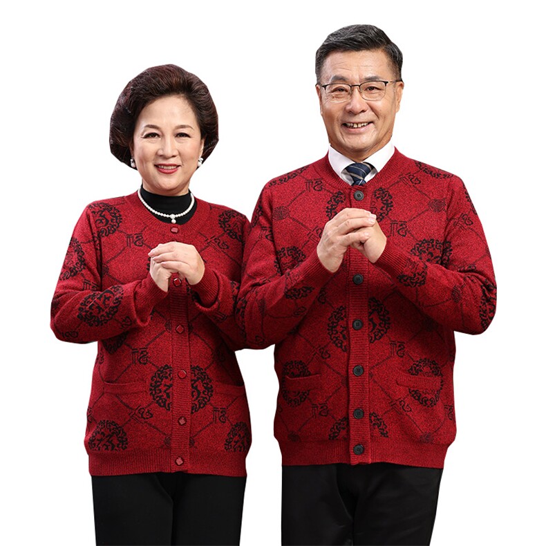 中老年女装开衫福字针织毛衣圆领羊毛衫爸爸妈妈喜庆老年情侣外套,男装中老年男装,亚东羊绒制品