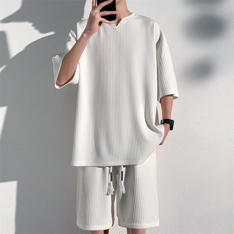 2025夏季新款港风光影墙大码V领短袖T恤套装M-5XHQ24486-P60,男装T恤,电商A022