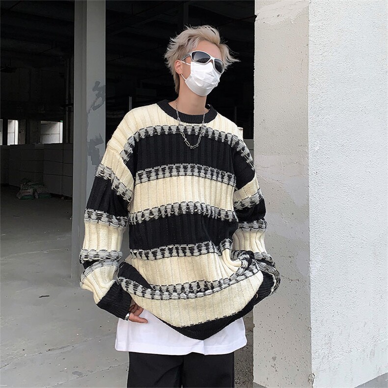 条纹撞色毛衣男秋冬新款复古宽松设计感小众针织衫外套91664-p48,男装针织衫/毛衣,星座1008
