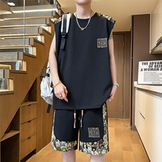 夏季背心短裤两件套拼接套装男刺绣休闲运动套装A266-TZ2208-P46，男装牛仔裤，电商A266
