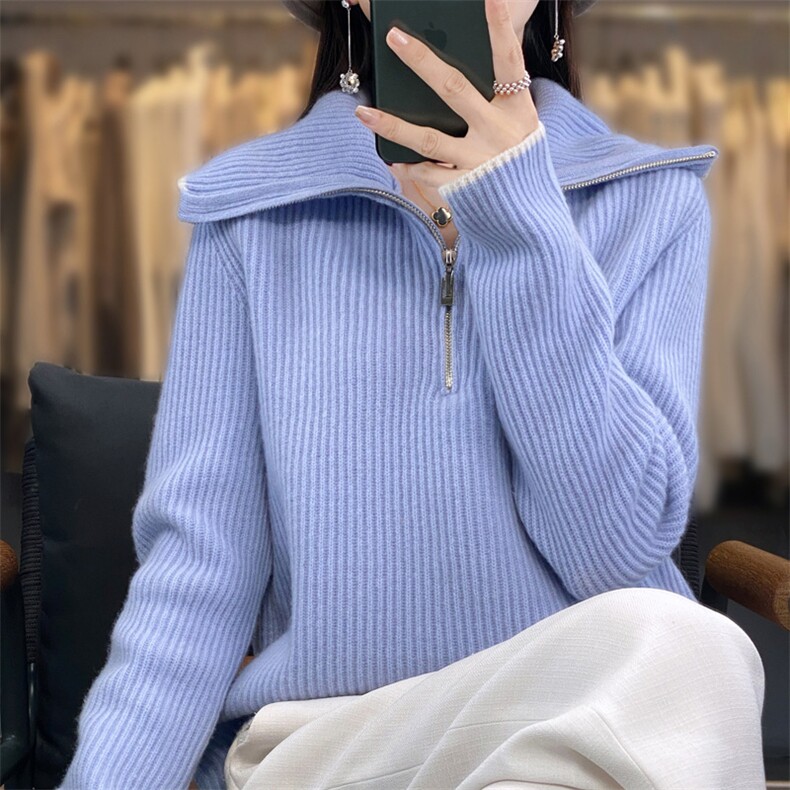 2025年夏季宽松型半开领开衫单件长袖拉链羊毛衫时尚百搭,女装羊毛衫,春贝羊绒