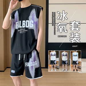 TZ801-P48 夏印花无袖T恤上衣港风青少年男生套装学生短袖短裤图片