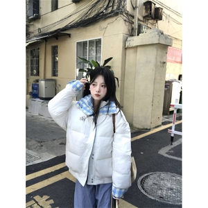 A555-P100 冬季新款潮牌设计感双层领格子拼接棉服图片