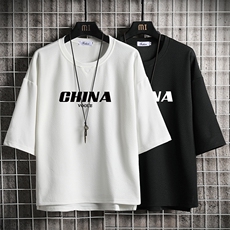 Q11001-P30春夏季七分袖t恤男大码五分袖男短袖中袖网格挂拍，男装T恤，电商A040A