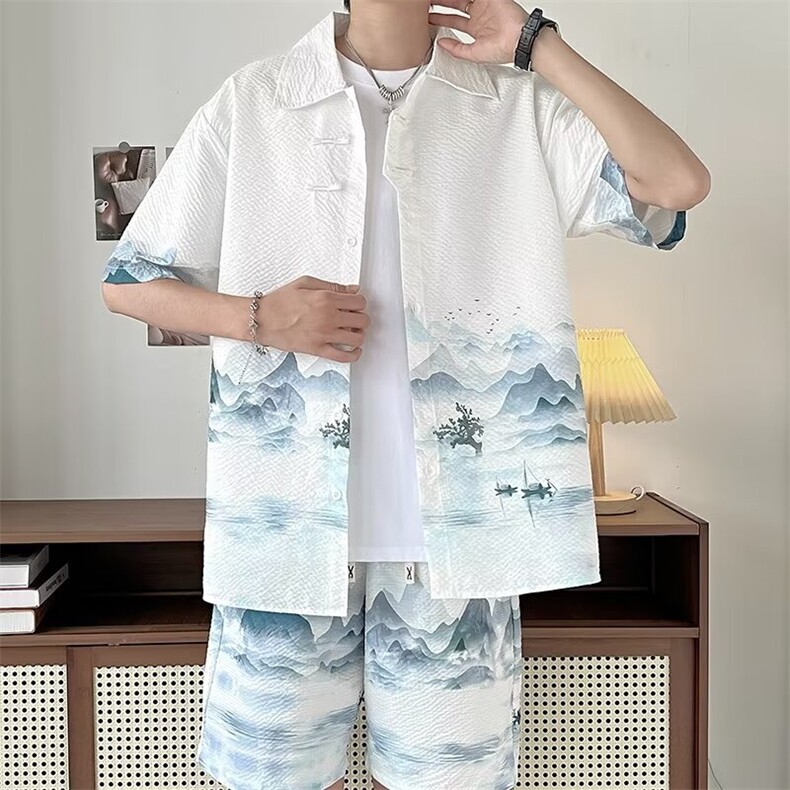 F331-P552024夏季新中式风衬衫套装短袖短裤一套搭配男现货,男装牛仔裤,星座512-6