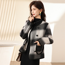 黑白格子双面羊绒毛呢大衣女2025春秋新款高级轻奢小香风短款外套，女装毛呢外套，丝露怡语