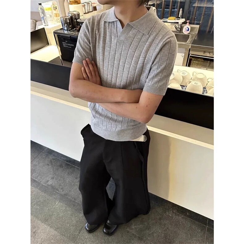 网图有货老钱风条纹针织短袖T恤男女编织坑条V领POLO衫A465-P40,男装T恤,星座1505