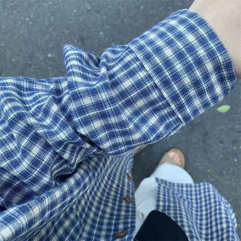 W563-P38美式复古蓝色格子衬衫女秋宽松oversize原宿衬衣外套,男装衬衫,星座911-1