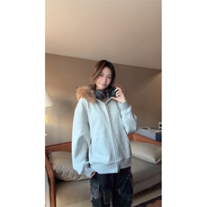 加绒卫衣连帽大毛领宽松休闲双拉链开衫外套5D4098-TP75118，女装短外套，电商A102