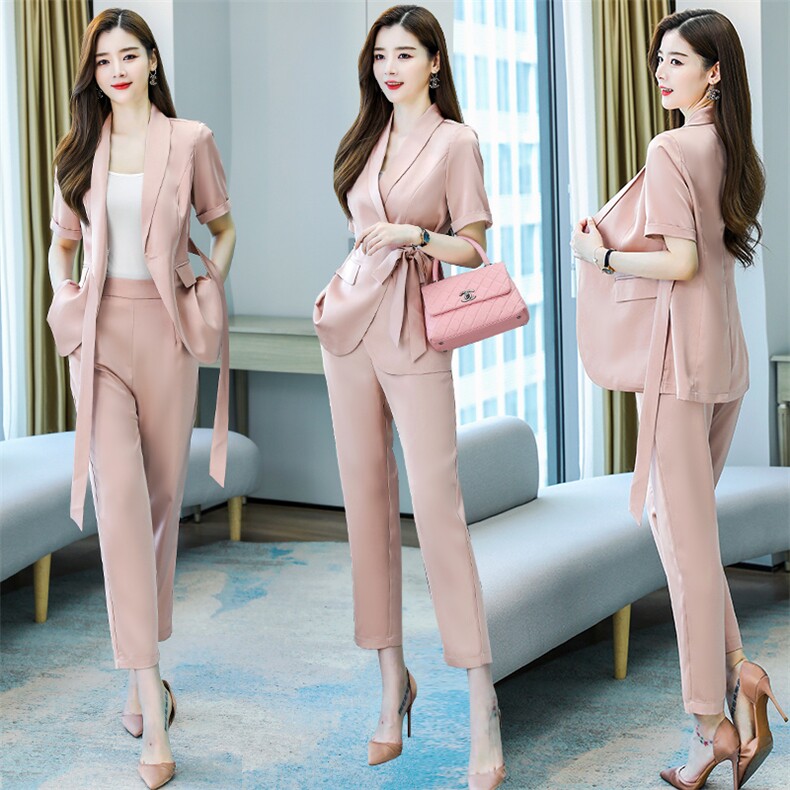 2023夏季新款简约气质翻领时尚蝴蝶结腰带拼接工艺收腰显瘦两件套，女装套装/套裙，时尚俏佳人