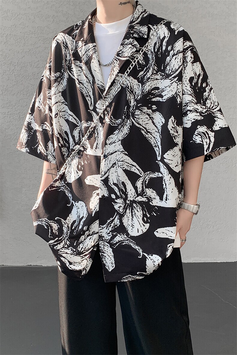8XL-M冰丝凉感衬衣垂感透气复古花纹宽松男五分袖短袖衬衫CS526,男装T恤,电商D206-1