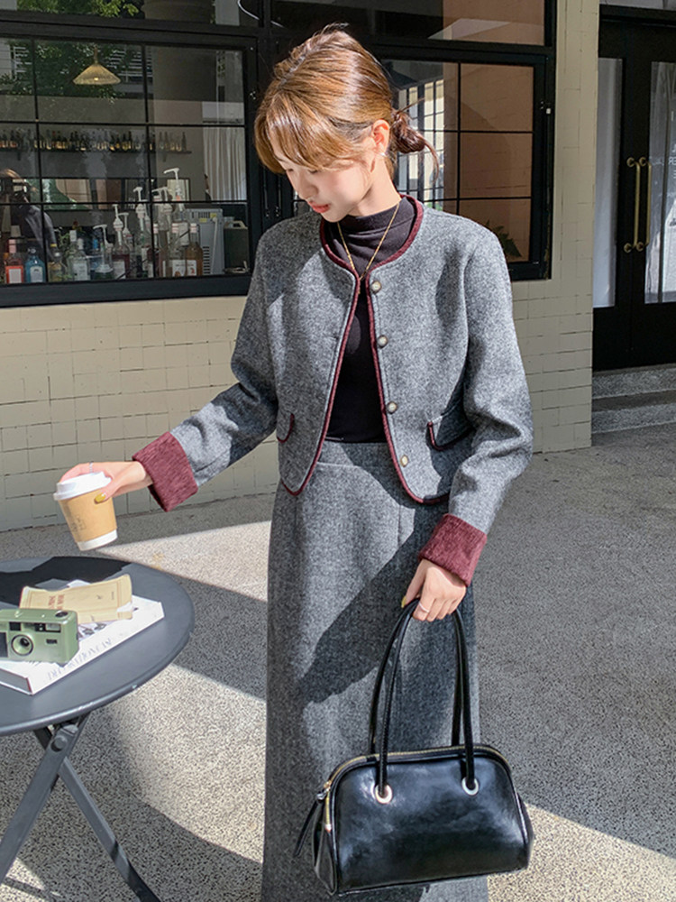 气质撞色包边羽绒内胆毛呢套装2025冬季新款外套半身裙淡人两件套,女装套装/套裙,C位