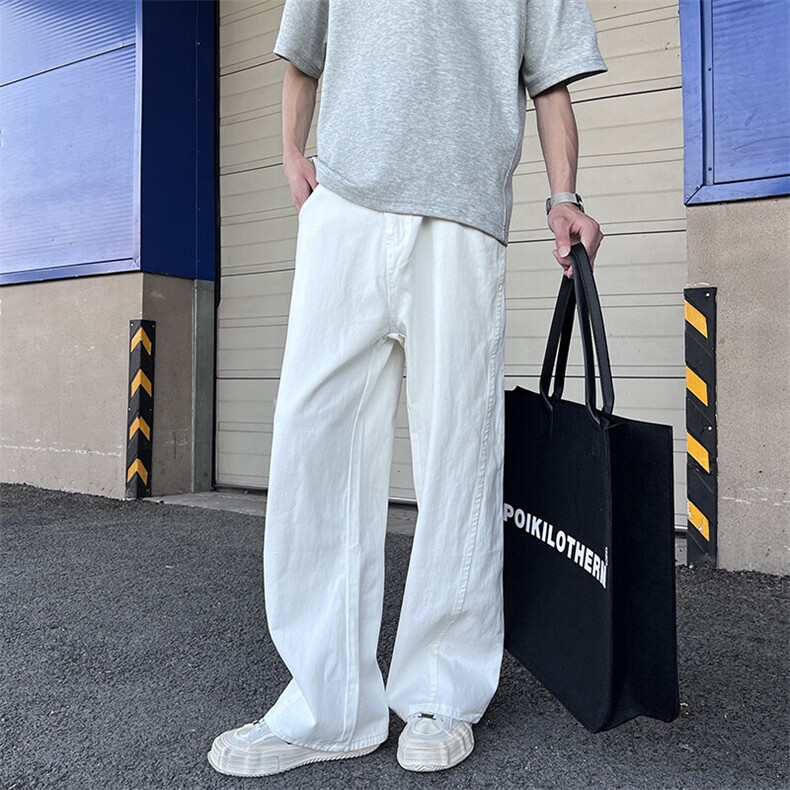 宜家景库存足白色阔腿裤全棉宽松直筒牛仔裤子男女款3028/P49,男装牛仔裤,星座902A