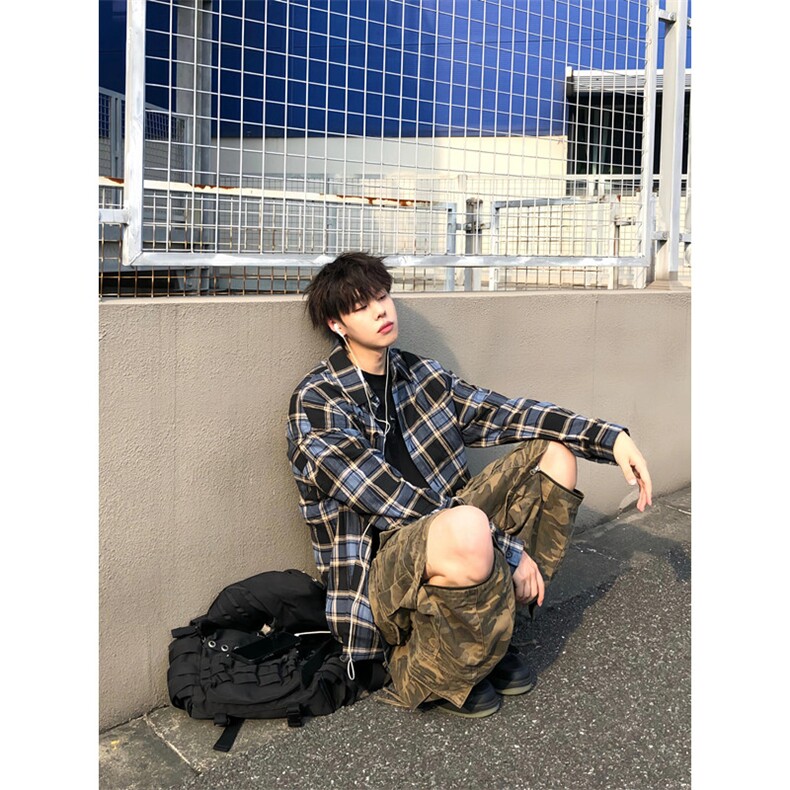 高质荃棉复古男咖蓝撞色格纹格子廓形宽松衬衫C3023,男装衬衫,星座1116A（原606A-3）