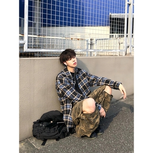 高质荃棉复古男咖蓝撞色格纹格子廓形宽松衬衫 C3023图片