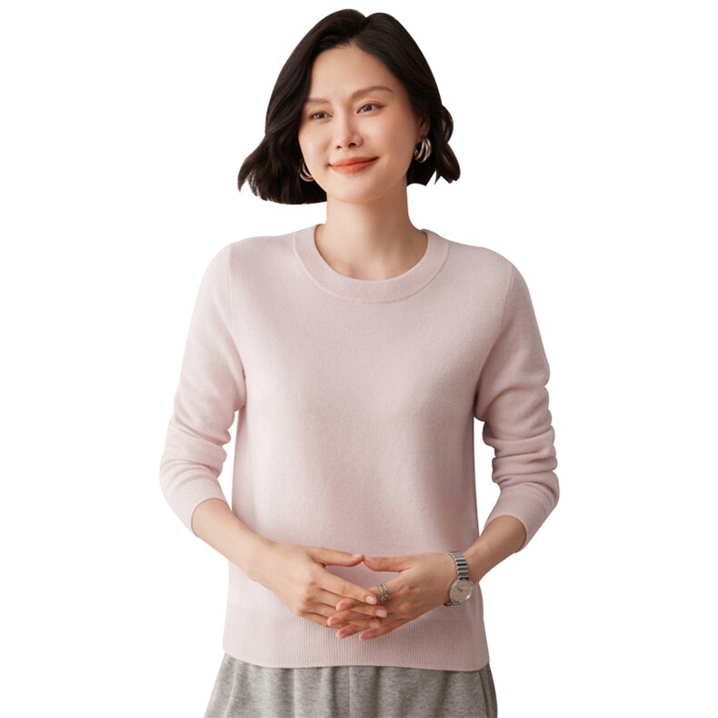 秋冬新款洋气时尚百搭显瘦女款圆领35%山羊绒衫,女装羊绒衫,艾巧羊绒