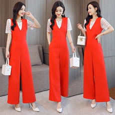 套装/套裙2022年夏季时尚百搭休闲显瘦修身气质阔腿纯色V领无袖，女装套装/套裙，时尚俏佳人