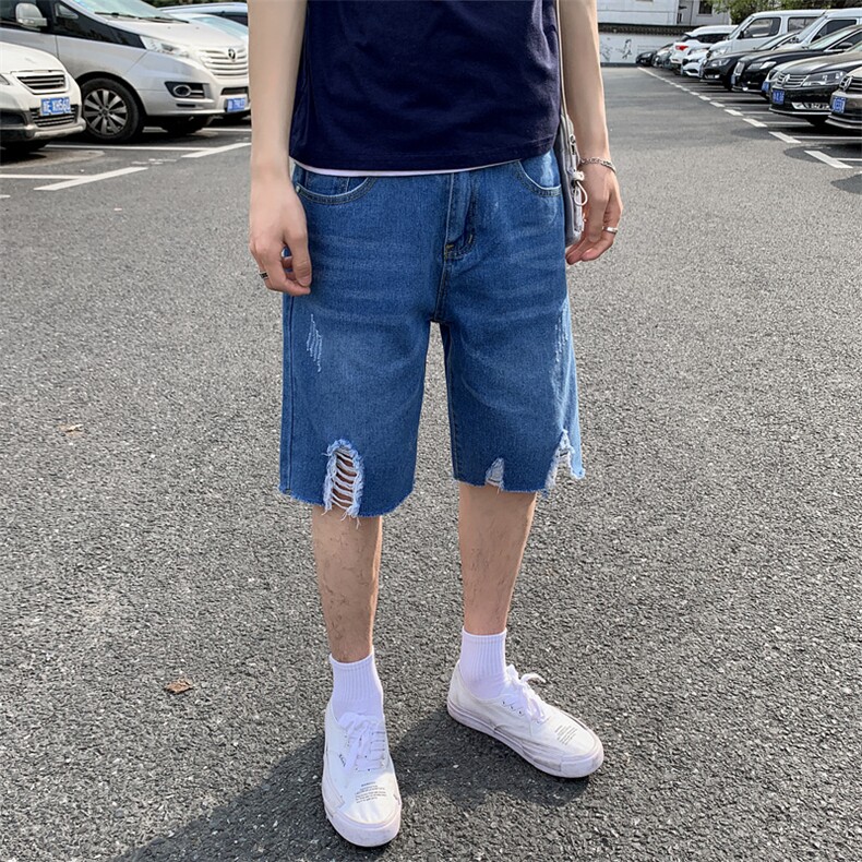 牛仔短裤男潮牌ins宽松直筒夏韩版潮流乞丐五分裤潮破洞5105,男装牛仔裤,电商A318