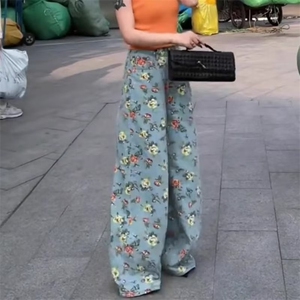 复古港风花朵印花阔腿牛仔裤女夏季新款高腰百搭碎花拖地裤长裤图片