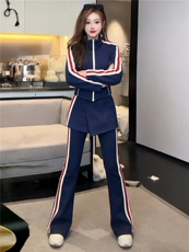 时尚休闲减龄套装女春款条纹拼接立领开衫上衣屁帘微喇长裤三件套，女装套装/套裙，江南