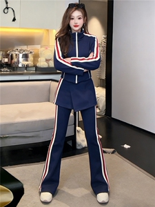 时尚休闲减龄套装女春款条纹拼接立领开衫上衣屁帘微喇长裤三件套图片