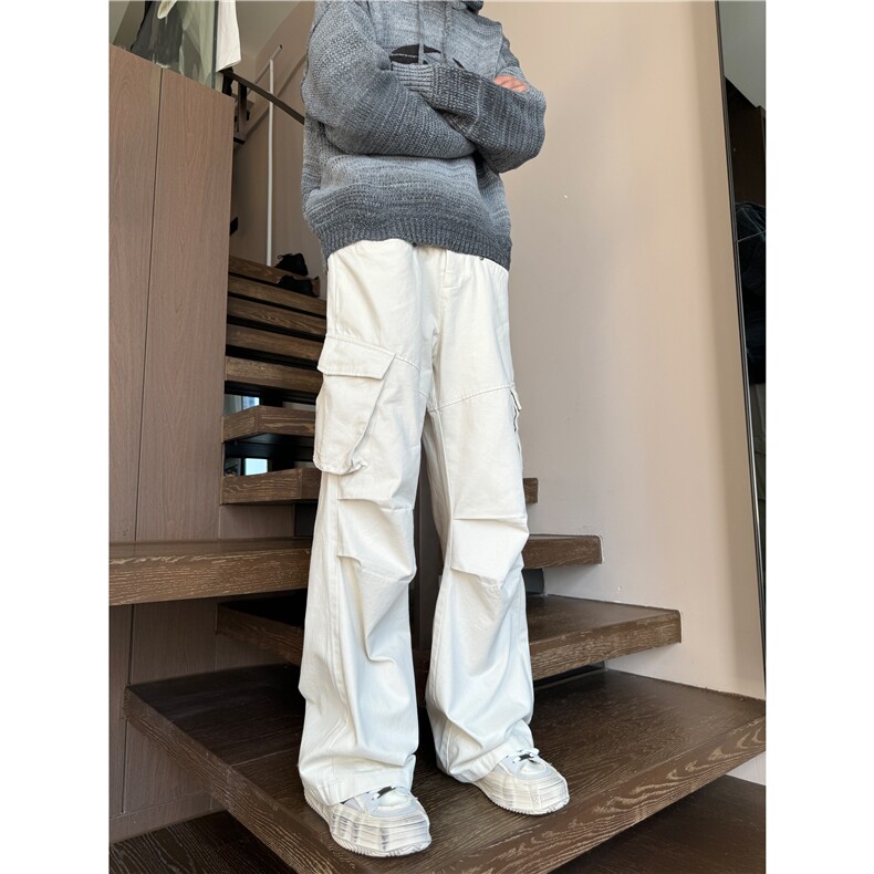 美式复古米白色多口袋宽松褶皱工装裤XZ603-K802-P65控88,男装休闲裤,星座603