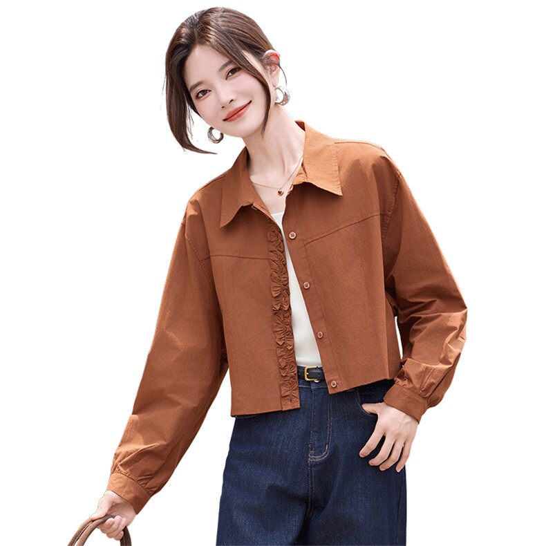 时尚翻领衬衫式薄款外套女2025秋季新款宽松百搭减龄花边拼接上衣,女装衬衫,丽影随形