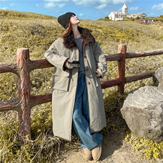 韩系复古麂皮绒保暖上衣女秋冬2025新款加厚温柔风中长款派克棉服，女装派克服，2C085