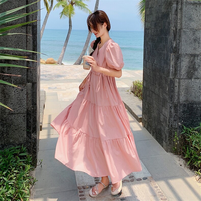 法式气质温柔风v领连衣裙女2025夏季新款韩版收腰显瘦茶歇长裙子,女装连衣裙,2C105