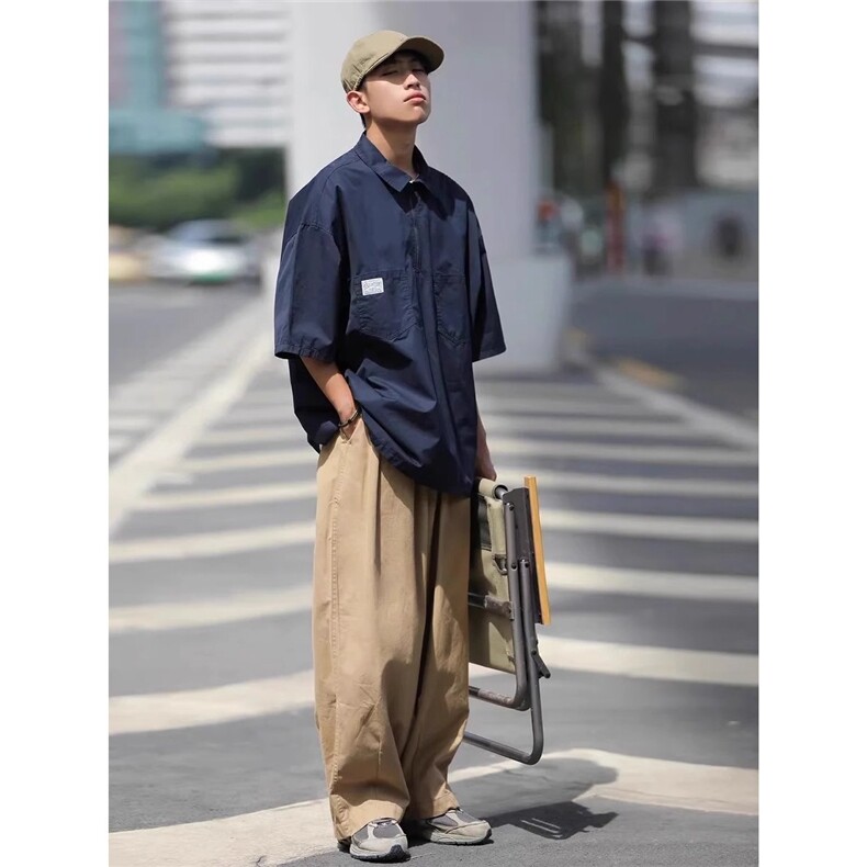 2025夏季日系复古短袖polo衫男女宽松bf潮牌工装衬衫翻领t恤半袖,男装T恤,星座506A