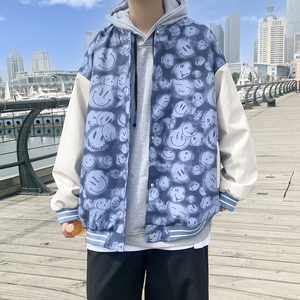 J609 P30 港风外景 2024秋季新款满印笑脸印花棒球领拼色夹克外套图片