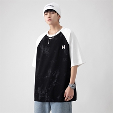 新款夏季短袖珠地面料宽松刺绣印花假两件男士T恤ZDY3414-P50，男装T恤，星座717