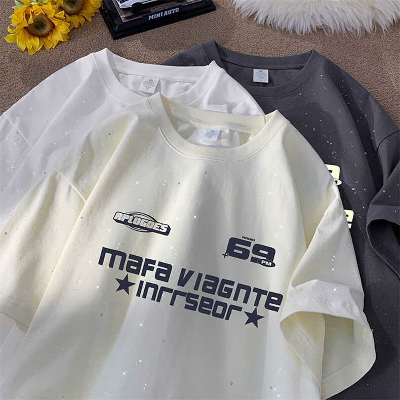 量大优供抖音视频支持得物配合二开美式满天星亮片短袖T恤MTX350,男装T恤,电商A486