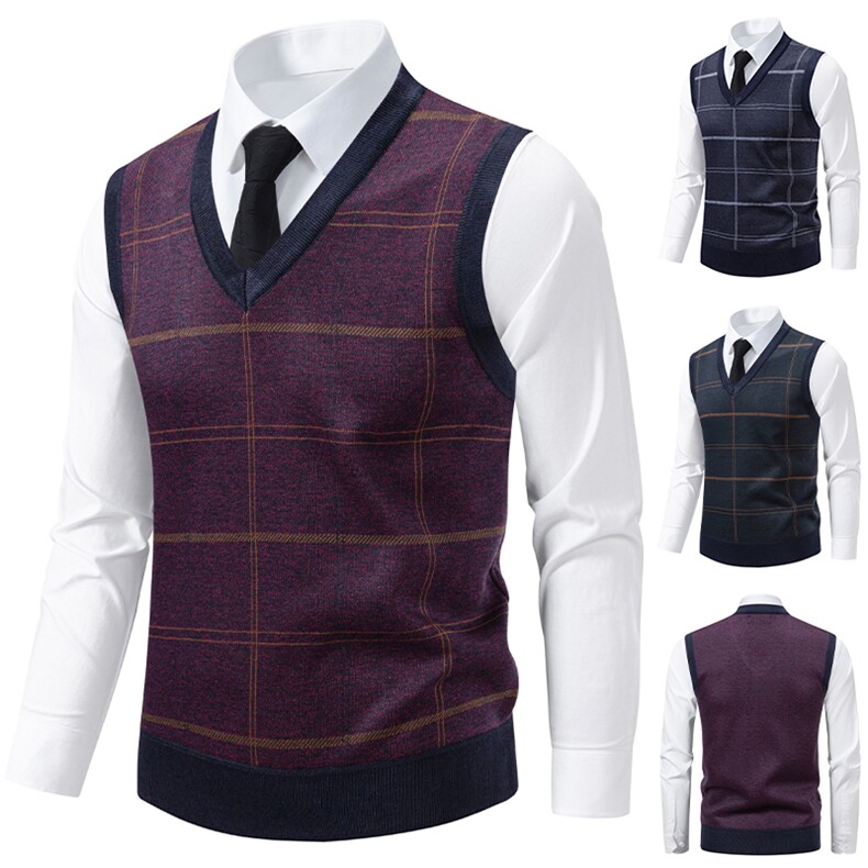 秋冬季加绒休闲爸爸装格子马甲套头宽松中老年款坎肩毛衣背心M23，男装针织衫/毛衣，星座1706