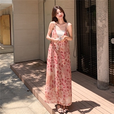 V领中长裙法式印花提花连衣裙设计感性感夏季长裙，女装连衣裙，2C105