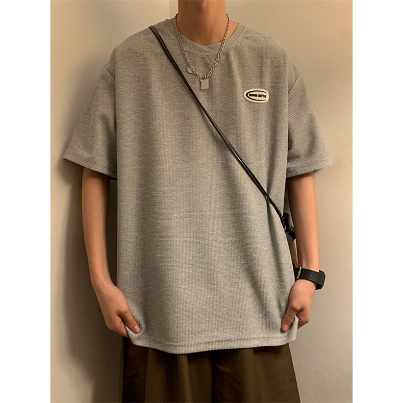 T6055/P20暖色调华夫格夏季新款宽松贴标短袖T恤男上衣大码男,男装T恤,电商A141