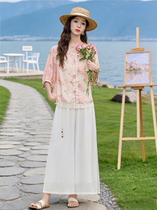 2026年夏季时尚气质印花小衫阔腿裤两件套女图片