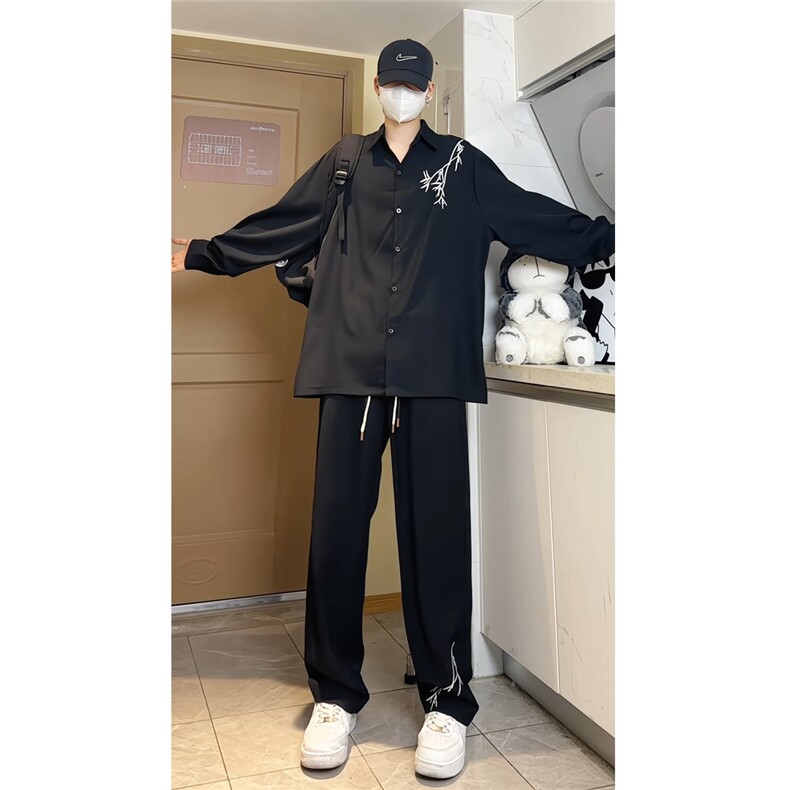 新中式风翻领长袖衬衫秋装复古竹子绣花长裤套装 TZ909-特P70图片