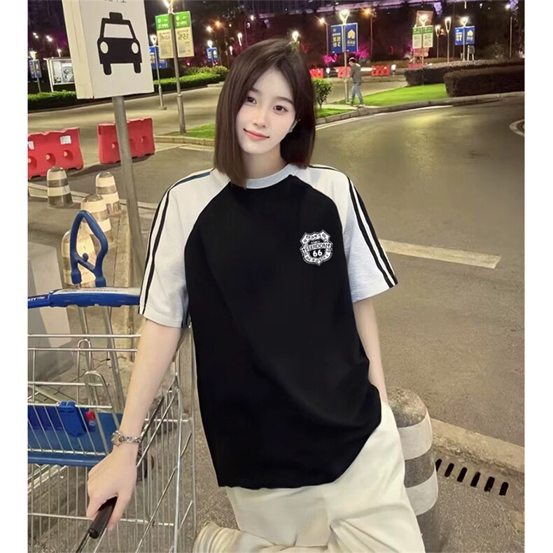抖音得物品质二开240克宽松纯棉美式潮牌插肩三杠织带短袖T恤,男装T恤,电商A486