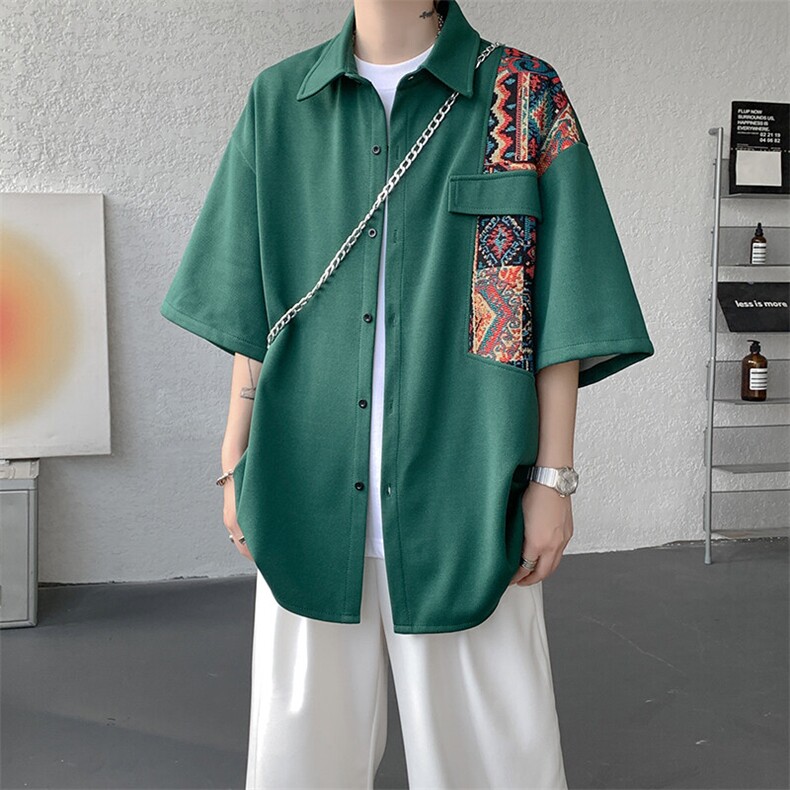 8XL-M民族风拼接短袖衬衫男夏季痞帅半袖衬衣薄款外套DC28009P45,男装衬衫,电商B312