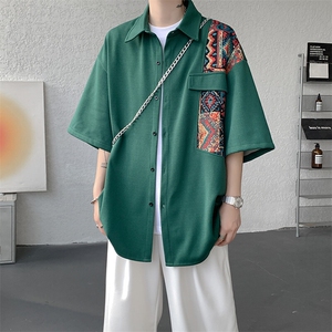 8XL-M民族风拼接短袖衬衫男夏季痞帅半袖衬衣薄款外套DC28009P45图片