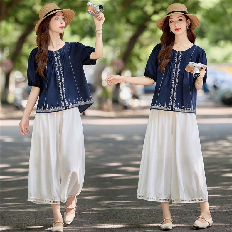 阔腿裤套装女2025夏季新款巨好看的新中式国风休闲减龄显瘦两件套，女装套装/套裙，微微衣阁