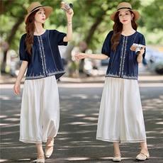 阔腿裤套装女2025夏季新款巨好看的新中式国风休闲减龄显瘦两件套,女装套装/套裙,微微衣阁, 阔腿裤套装女2025夏季新款巨好看的新中式国风休闲减龄显瘦两件套,女装套装/套裙,微微衣阁,