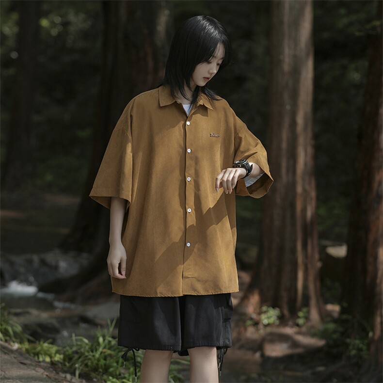 日系新款复古纯色短袖衬衫男女同款夏季宽松休闲情侣衬衣，男装衬衫，星座410-6（原星座1304-1）