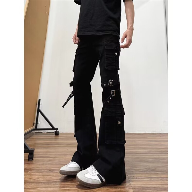 街头设计感金属腿环拼接牛仔裤修身工装口袋微喇长裤L83599-P60图片