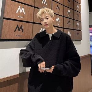 美式纯色Polo衫毛衣男秋冬季潮牌翻领针织衫休闲运动上衣M6510图片